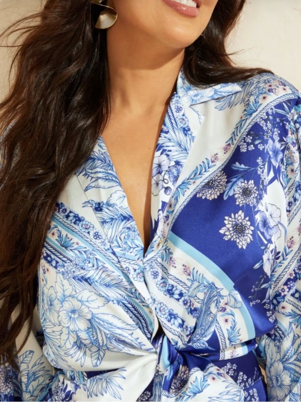 Blue Floral Satin Blouse